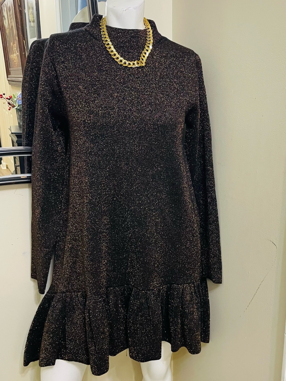 Zara Black Metallic Sparkle Long-Sleeve Ruffle-Hem Dress